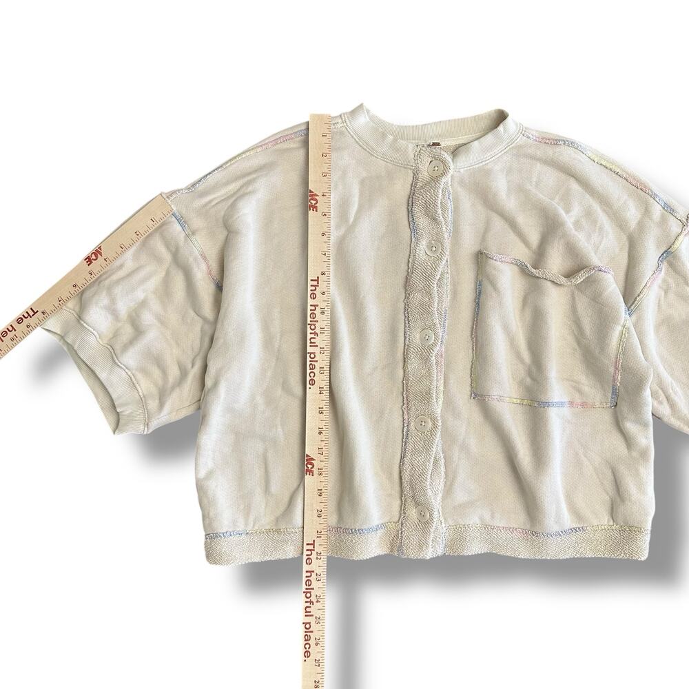 Free People Cream Cropped Boxy Cardigan L Rainbow Stitch Oversized Top - Picture 4 of 10
